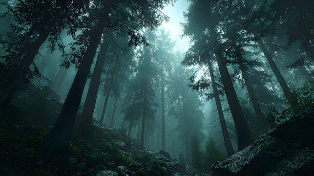 Enchanted twilight forest with towering pine trees