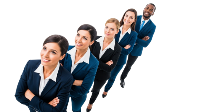 Diverse group of business professionals standing in a line, arms crossed, looking up and to the side, isolated on transparent background