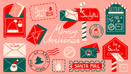 Christmas letter, envelope, mailboxe. Santa Claus mail. Greeting vector set. Festive design elements.