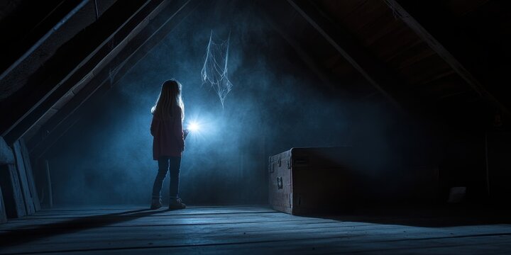 Mysterious attic exploration with flashlight in dark atmosphere
