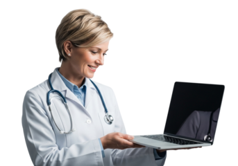 Female doctor with stethoscope holding a laptop and looking down, isolated on transparent background