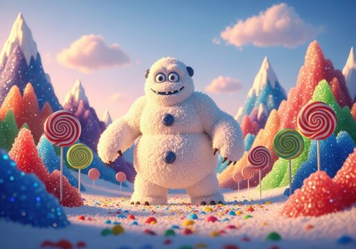 A fluffy white abominable snowman character stands in a whimsical candy land with lollipop trees and snowcapped mountains