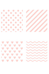 Set of 4 cute pink seamless patterns. Hand drawn vector backgrounds with hearts, polka dots, stripes, and waves. Adorable childish texture for baby girl nursery, wallpaper, wrap.