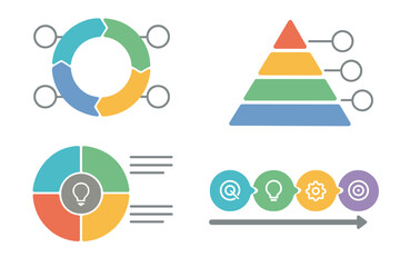 Set of infographic presentation templates. Vector business data visualization design elements. Circle diagram, pyramid chart, timeline process, and pie chart with 4 steps or options.