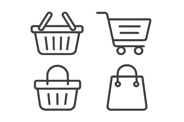 Vector line icon set of shopping cart, basket, and bag. Simple outline symbols for e-commerce, online store, and retail. Concepts for add to cart, checkout, buy, order.