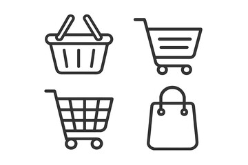 Shopping cart, basket, bag line icon set. Vector outline graphic illustration for e-commerce, website, mobile app. Buy button, online store, add to cart symbol collection.