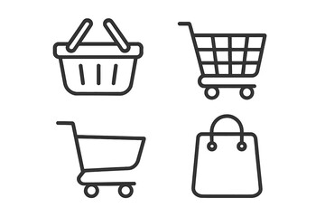 Shopping cart and basket icon set. Linear shop symbols for e-commerce website or app. Add to cart, buy, and checkout button. Minimalist vector pictogram collection.