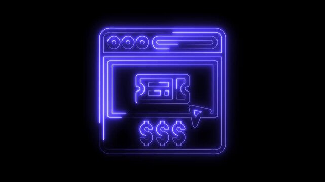 Glowing neon online ticket purchase interface with dollar signs for ecommerce or entertainment
