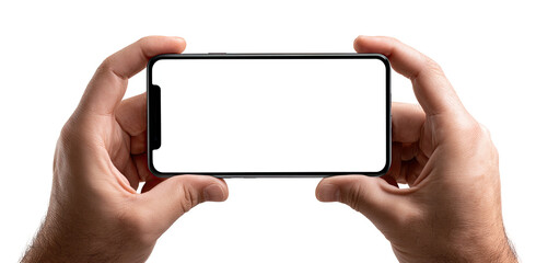 Smartphone held by two hands, blank screen