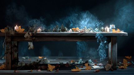 Rustic wooden table adorned with candles, autumn leaves, and ethereal smoke effects