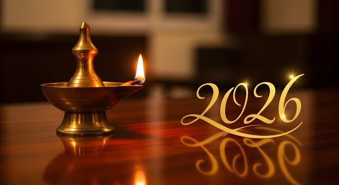 Royal Diwali Lamp with Burning Flame and 2026 Golden Text &ndash; Indian New Year Festival Celebration