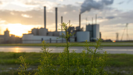 Obraz premium Close up of fresh green plants against an industrial backdrop during sunset