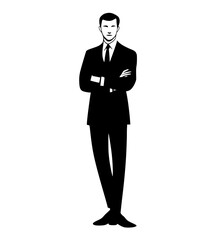 a black and white silhouette of a man in a formal suit with crossed armsarm, black, business suit, businessman, cross, illustration, man, pose, stand, suit, tie, wear 