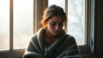 Contemplative woman in sweater by window, lost in thought on a winter day