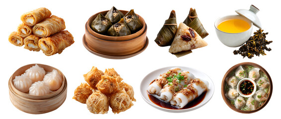 Set of asian traditional Dim sum, yum cha tea, Chinese small dishes cuisine, steamer basket, dumplings, buns, pastries eats on transparent cutout PNG. Many different variety. Mockup template	
