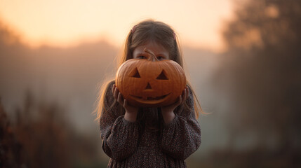Young girl holding a carved pumpkin in front of her face in a blurry outdoor scene