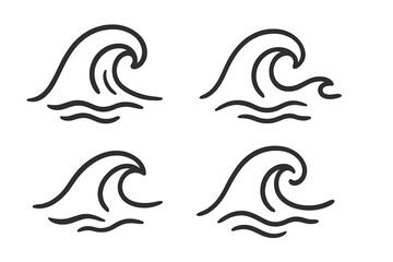 Set of four simple black wave icons, curved water symbols, linear ocean waves illustrations with transparent background, minimalistic vector design for summer, sea, surf