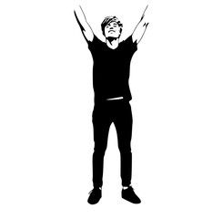 a silhouette of a man standing with his arms raised in celebrationarm, black, hand, head, lift, man, muscle, profile, stand, stretch 