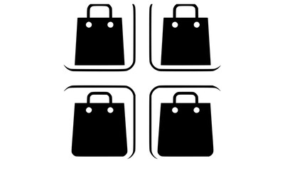 a set of four black shopping bags with rounded corners on a transparent backgroundbag, black, flat, icon, illustration, luggage, shopping bag, symbol 