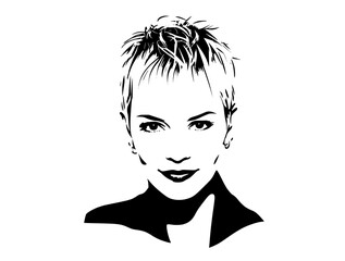 a black and white portrait of a woman with short hairblack, face, girl, hair, haircut, illustration, portrait, smile, white, woman 