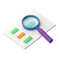 Magnifying glass examining colorful bar graph data on a white paper isolated on transparent background