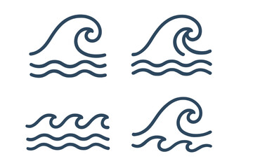 Set of Wave Symbols in Linear Style, Water Icons, Vector Cartoon Illustration with Transparent Background, Ocean, Sea, Surf, Water Element, Fluidity, Nature, Blue Wave Designs