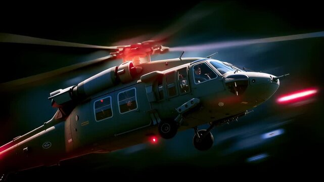 Military helicopter flying takeoff in mission defense and attack