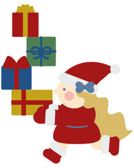 山積みプレゼントを運ぶかわいい女の子のサンタクロース