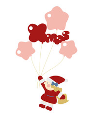 XMASと星の風船で飛ぶかわいい女の子のサンタクロース