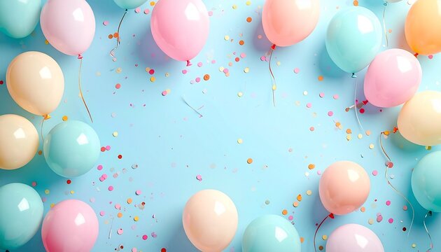 Bright and festive pastel balloons and colorful confetti create a joyful frame on a light blue background, perfect for any celebration or happy event design template