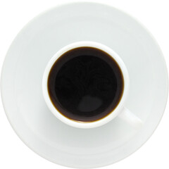 Espresso cup on a white saucer against a white background, minimalism