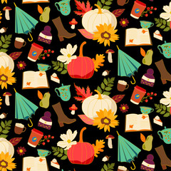 unique colorful autumn design with gradients colors and dark background seamless textile autumn print pattern