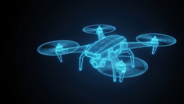 A holographic wireframe drone glowing in neon blue against dark background, uav technology and transportation asset management