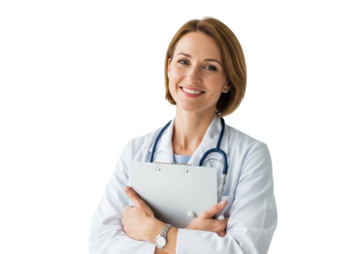 Smiling female doctor in white coat holding a clipboard, isolated on transparent background