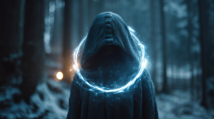 A hooded figure surrounded by a glowing blue energy ring in a winter forest scene