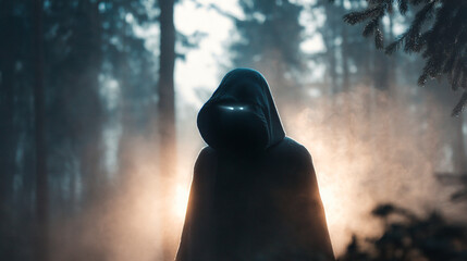 Hooded figure with glowing eyes standing in a misty forest with trees around it