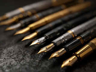 Fototapeta premium Collection of vintage fountain pens in ultra realistic photography shot with professional camera, retro writing instruments with aged materials and nostalgic designs, antique stationery