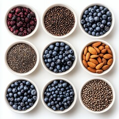Variety of Berries, Nuts, and Seeds in White Bowls on White Background