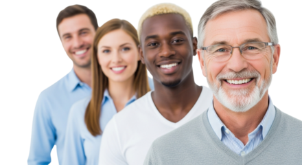 Diverse group of smiling professionals standing together isolated on transparent background