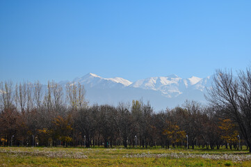 Autumn landscape with mountains in Almaty city park