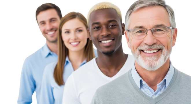 Diverse group of smiling professionals standing together isolated on transparent background