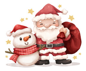 Watercolor cartoon illustration of santa claus and snowman . Hand drawn digital painting . Merry christmas day . Transparency background .