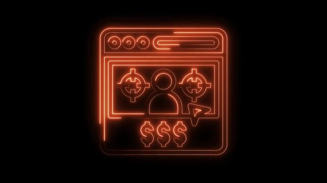Neon outline illustration of targeted marketing and monetization strategy concept on a black background