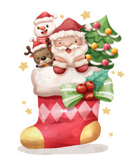 Watercolor cartoon illustration of santa claus, snowman and reindeer and christmas tree in red stocking. Hand drawn digital painting . Merry christmas day . Transparency  background .
