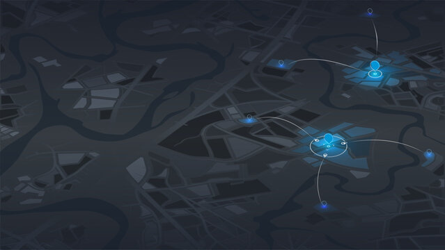 Delivery services in smart city navigation and geolocation system concept. GPS markers and digital location tracking. Dark modern map interface with connected blue pins. Vector illustration