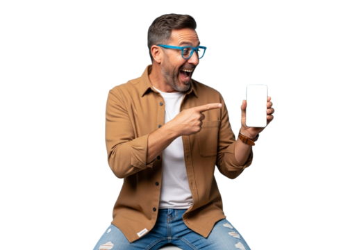 Excited man with glasses pointing at smartphone screen isolated on transparent background