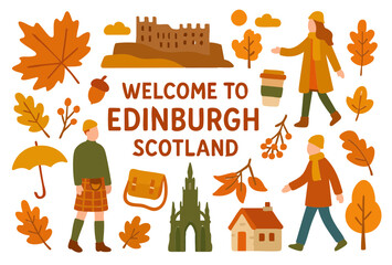 Flat Design Autumn Edinburgh Scotland Icon Set