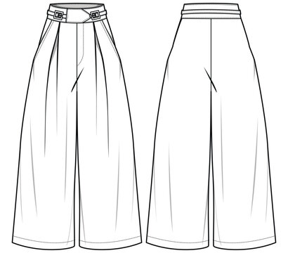 Women's cropped flare pants  trouser flat sketch fashion illustration cad drawing front and back view, Wide leg boot cut pant design