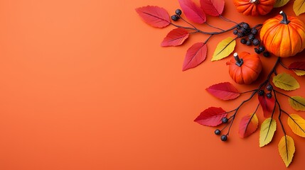 Autumn Decor with Pumpkins and Colorful Leaves on Orange Background