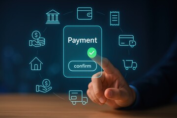 Digital hand interacts with a payment interface, confirming a transaction with a checkmark, surrounded by icons representing financial concepts. The scene employs a soft, blurred background.